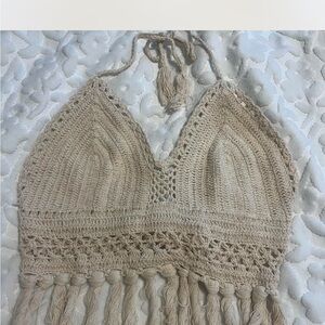 Beige Crochet Halter Top with Fringe